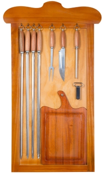 Kit Churrasco Parede Conjunto Espetos Faca Chaira Tábua              